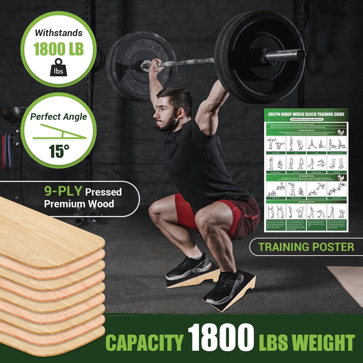 Squat Wedge Block, 2 Pcs Non-Slip Wooden Squat Wedge for Heel Elevation & Weightlifting with Training Poster & Storage, 1800 Lbs Capacity Exercise Slant Board for Calf Stretching & Ankle Mobility