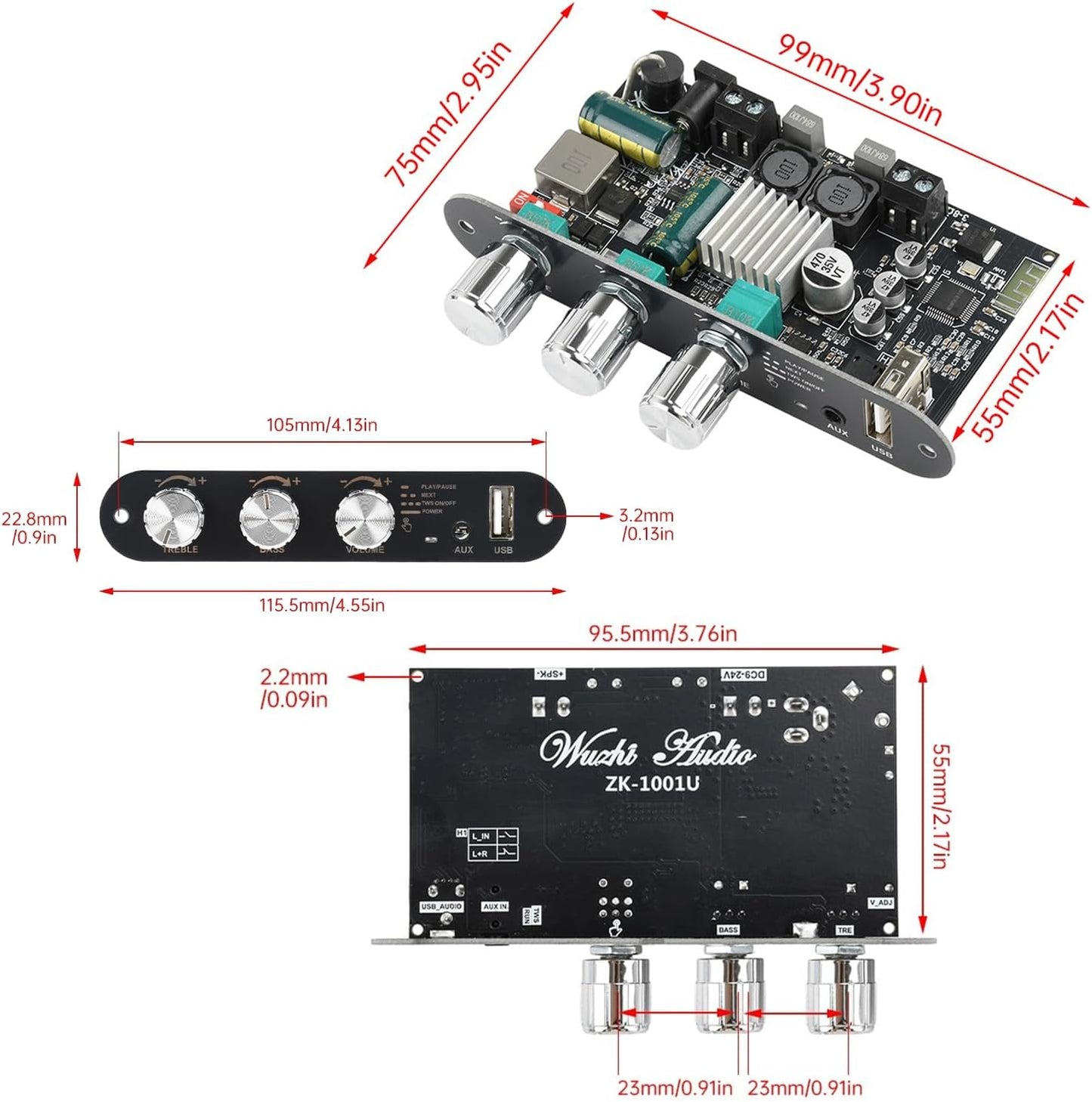 ZK-1001U TWS,100W 9-24V Mono Bluetooth AMP Board with Vehicle Amplifier Input Wide Voltage Home Audio Amplifier