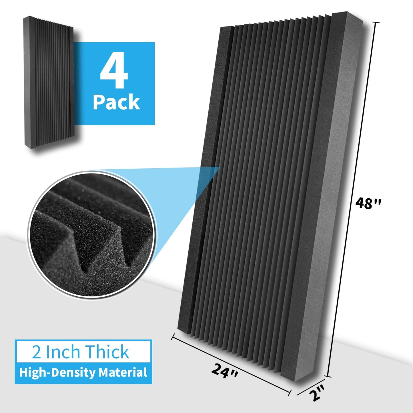 Art3d 4-Pack Wedge Design Acoustic Foam Panels, 48" x 24" x 2" High-Density Soundproof Foam Wall Panels for Wall, Ceiling, Quick-Recovery Noise Dampening Panels for Office, Studio and Home