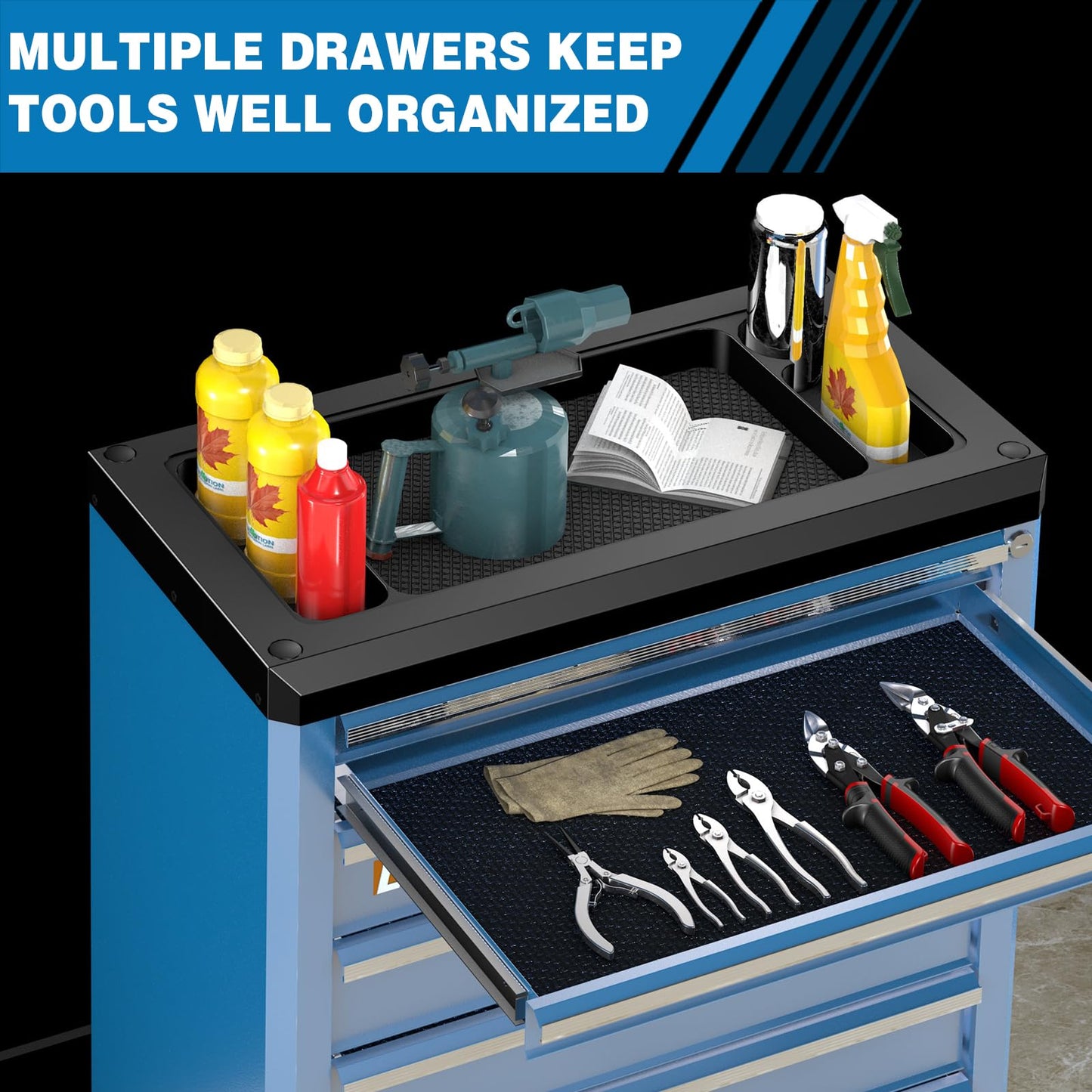 LARBANKE 7-Drawer Rolling Tool Chest with Lock&Keys and Swivel Casters,Tool Chest with Multi-Sizes Drawers and Multifunctional Countertop,Special Connect Rods for Connection with 5-Drawer Tool Cabinet