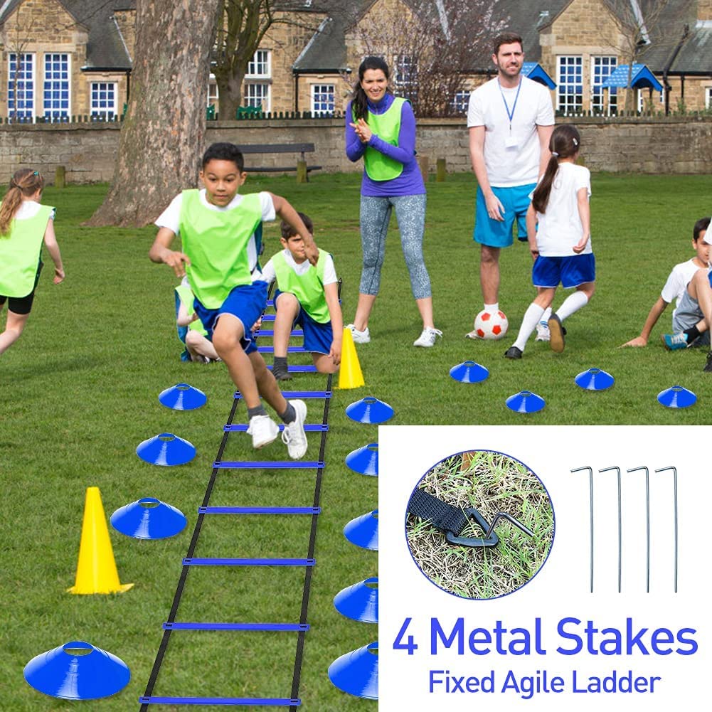 Speed & Agility Ladder Training Equipment Set, Includes 12 Rung 20ft Agility Ladder, 4 Agility Hurdles,12 Disc Cones, 1 Resistance Parachute for Training Football Soccer Basketball Athletes-Blue