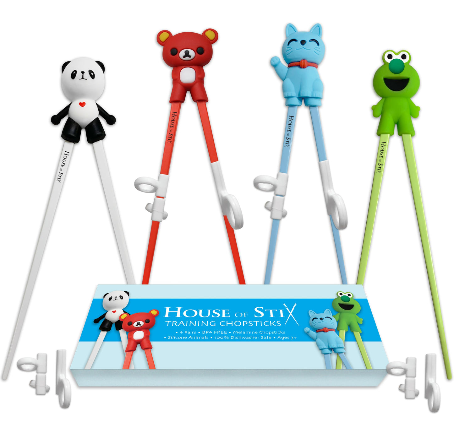 Kids Training Chopsticks for Toddlers, Kids and Adults with 4 Pairs of Removable Finger Helpers, Animal Design, BPA-Free, Dishwasher-Safe (Animals 4-Pack)
