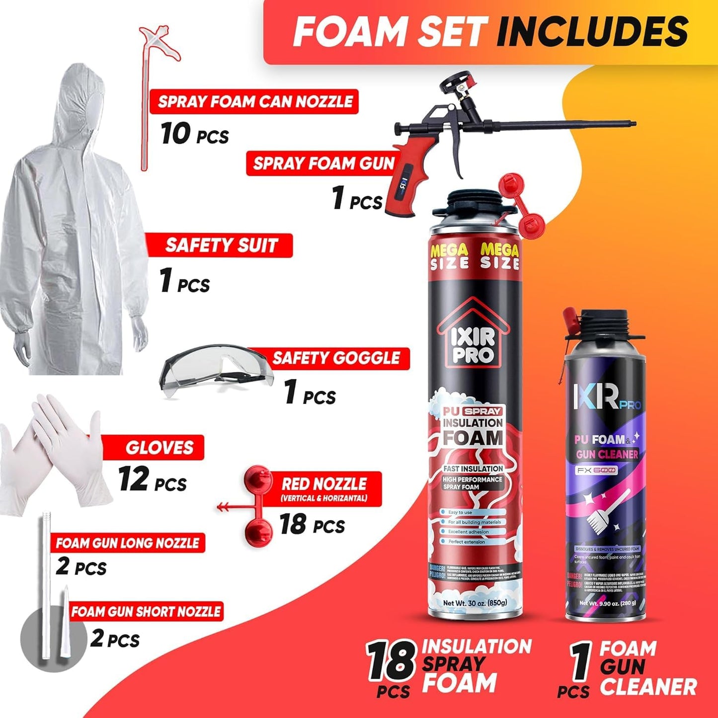 ixirpro Spray Foam Insulation Kit (18 PK Kit-30oz) Expanding Sealant, Spray Foam, Mega Size Closed Cell Heat Acoustic Insulation, High Density, Cleaner, Gun