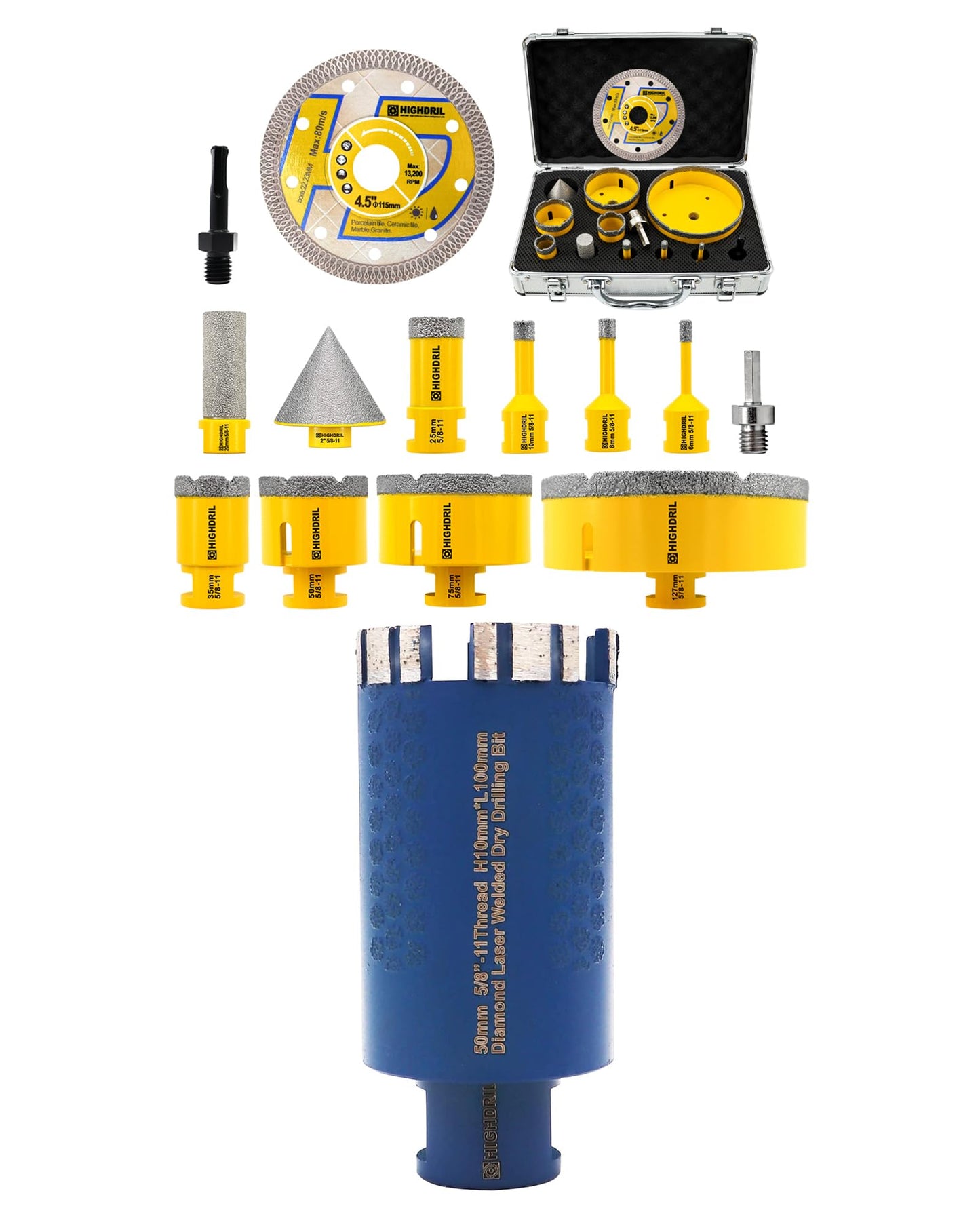 HIGHDRIL 13Pcs Diamond Hole Saw Kit and HIGHDRIL Diamond Core Drill Bit,Diameter 2 Inch