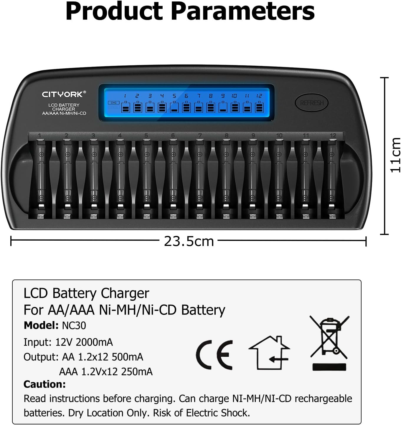 CITYORK 12 1.2V Bay AA AAA Battery Charger with Refresh Function, Smart LCD Display Battery Charger for Ni-MH/Ni-CD AA