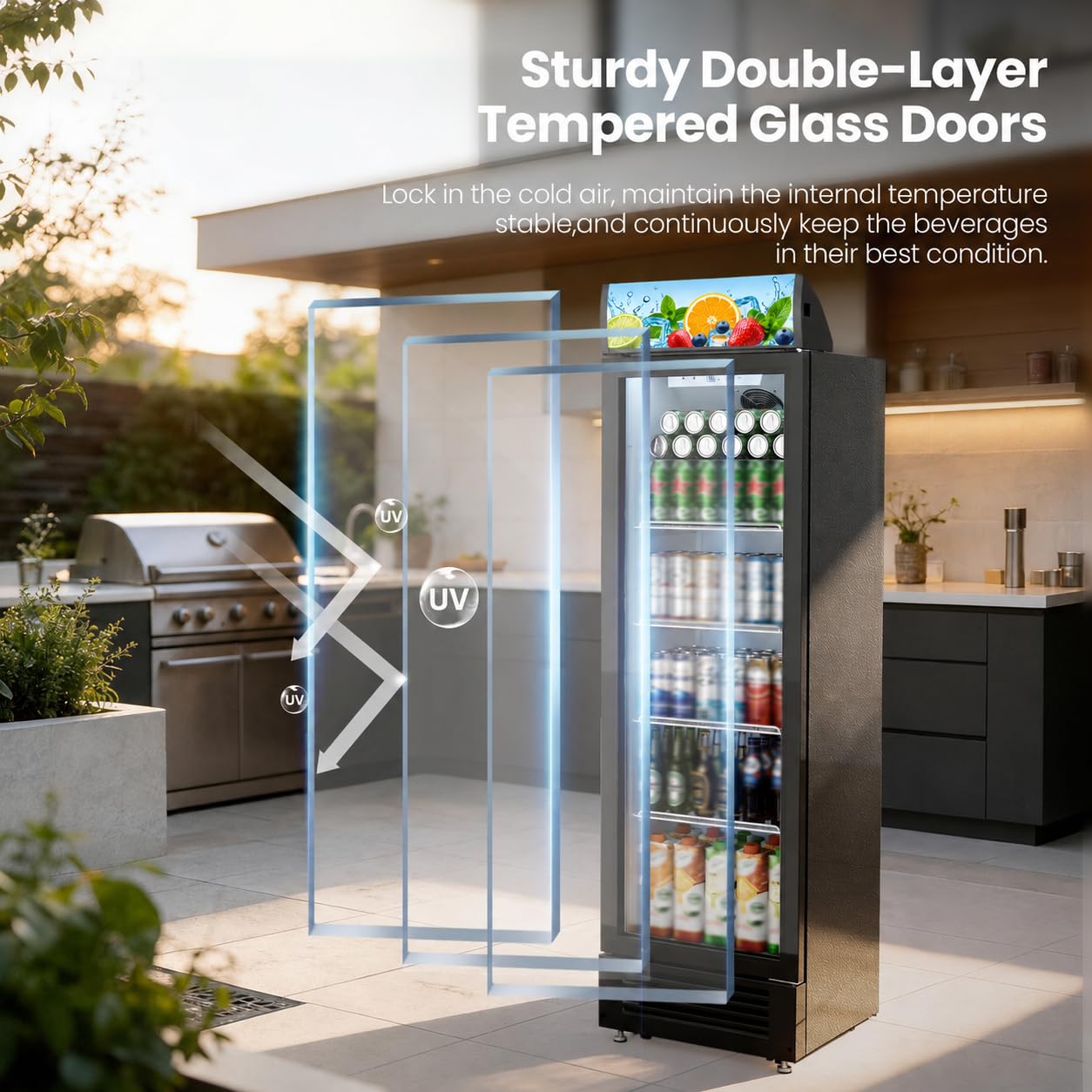 Kismile 9.1 Cu.Ft Large Commercial Refrigerator with Customizable Lightbox, Display Fridge with Wheels, Lock & Key, Double-Tempered Glass Beverage Refrigerator for Bar, Restaurant, Outdoor