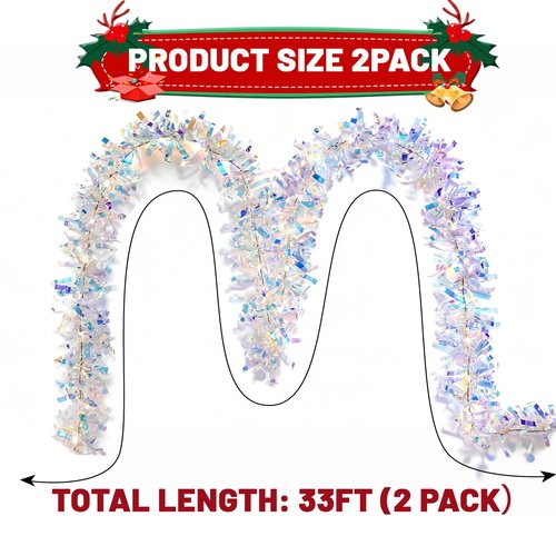 LAWOHO 2 Pack 16.5FT Christmas Tinsel Garland with Lights, Shiny Iridescent Foil Garland for Christmas Tree, Wedding Birthday Party Supplies, New Year Holiday Parties, Indoor Hanging Home Decor