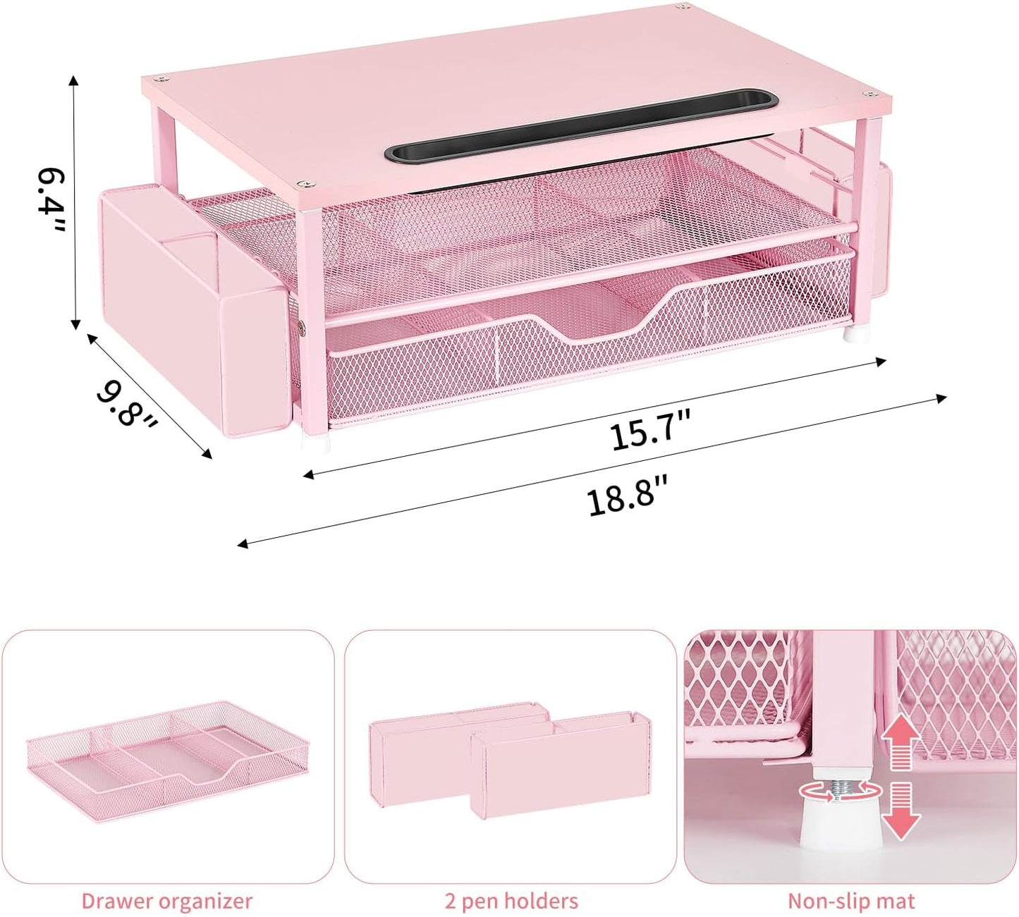 2-Tier AUPSEN Pink Desk Organizers and Accessories, Wood Computer Monitor Stand with Drawer, Pen Storage & Phone