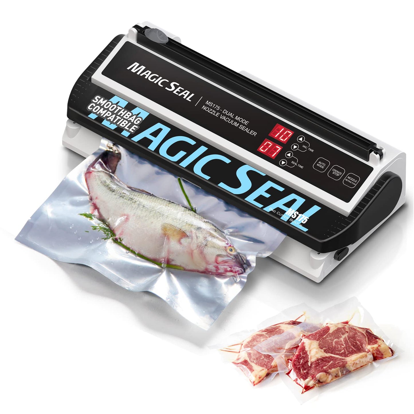 MAGIC SEAL Nozzle Vacuum Sealer Machine for Mylar bags & Smooth Flat Bags - 220W Food Sealer with Adjustable Air & Seal Settings, Auto/Manual Modes (Not for Textured) -MS175