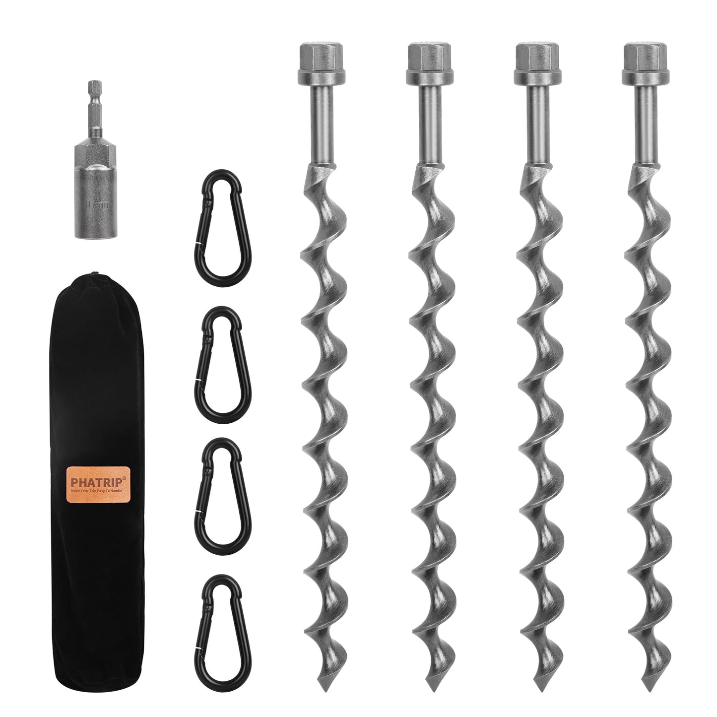11.5" Ground Anchors Screw-in, 4-Pack Heavy Duty Tent Stakes with Carabiners and Power Nut Driver Drill Bit, Steel Earth Anchors for Camping Tents, Swing Sets, Securing Animals, Sheds and Trampolines