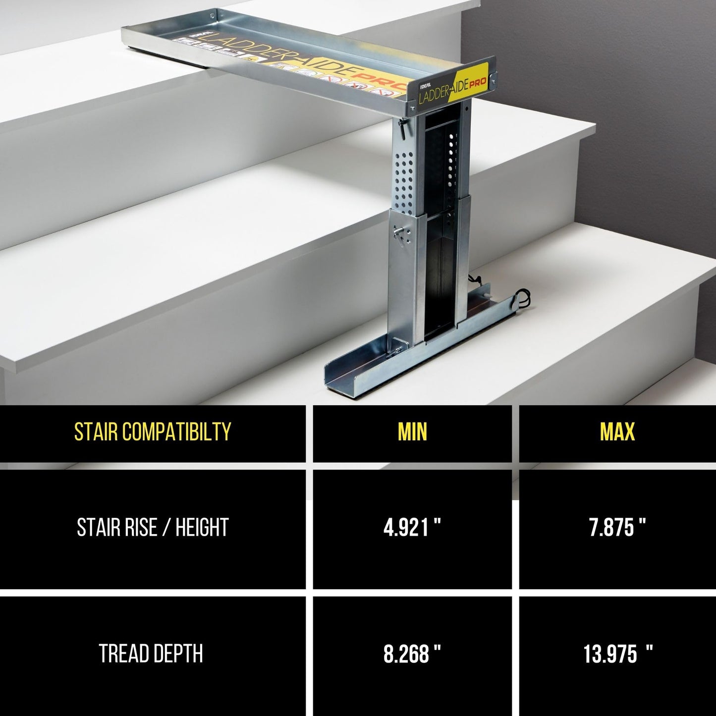 Ideal Security Foldable Ladder-Aide PRO: Fits Steps 4.921" to 7.875" High, Ladder Extender, Accessories, Stabilizer, Leveler for Single and Extension Ladders
