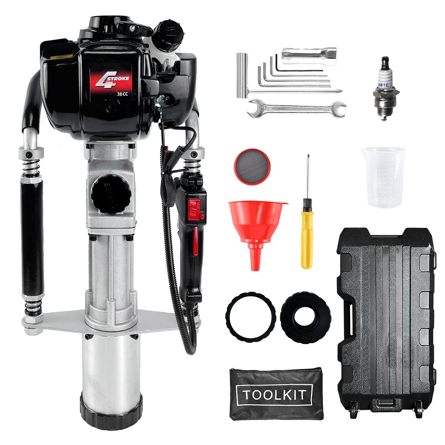 4 Stroke Gas Powered T Post Driver Hammer Drill, 37.7CC Air Cooling Single Cylinder Gasoline Petrol Fencing Tool with 3 Post Driving Head - 45mm,55mm,88mm pile sleeve