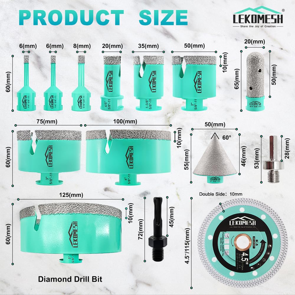 LEKOMESH Tile Hole Saw Kit for Porcelain Tile-(6/6/8/20/35/50/75/100/125mm+Finger Bit+Chamfer Bit+Adapter+Tile Blade) Diamond Tile Drill Bits Precision Cutting for Ceramic Marble,5/8"-11 Thread