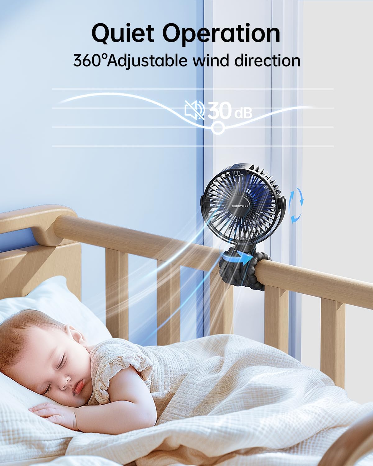 Sweetfull Portable Stroller Fan - 4-Speed Rechargeable Mini Clip-On Fan with LED Display | 360° Rotation, Black