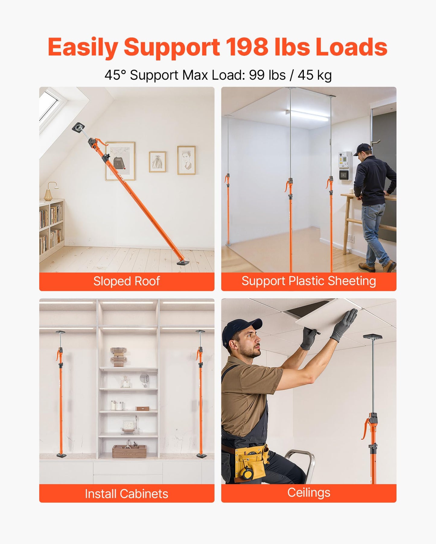VEVOR Cabinet Jack Support Pole, 4-Pack, 49.2-114.6 Inch Steel Telescopic Quick Support Rod, Adjustable 3rd Hand System up to 198 lbs Capacity for Installing Cabinets, Lifting Drywall, Cargo Bars