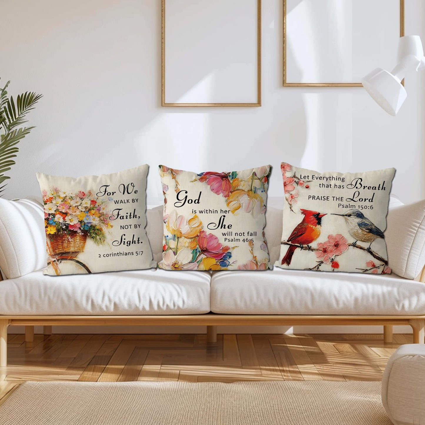 QIONG MENG Jesus Christian Pillow Covers 18 x 18 Inch Set of 4 Cardinal Butterfly Spring Summer Throw Pillowcase Floral Religious Decorative Cushion Case for Home Sofa Farmhouse Decorations