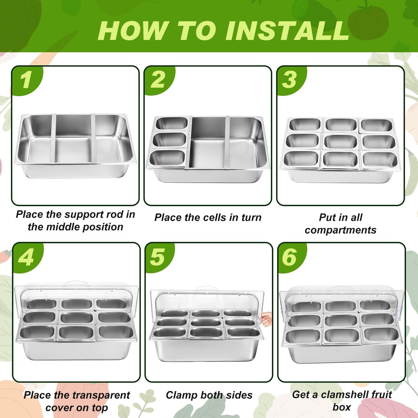 Condiment Tray Stainless Steel Serving Display Set with Lid for Buffet Restaurant Kitchen, Food Chilled Container for Salad Fruit Condiments, Keeps Food Fresh with Ice Box(9 Compartments)