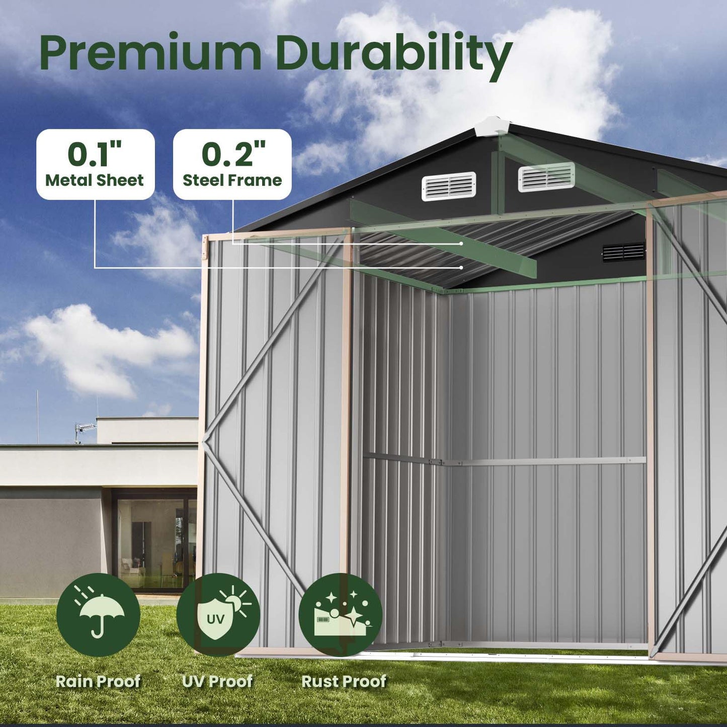 GVDV 12x10 FT Outdoor Metal Storage Shed, Durable Garden Shed with Reinforced Sidewall Girts & Updated Frame Structure, All-Weather Shelter for Backyard, Patio, Tool, Bike Storage