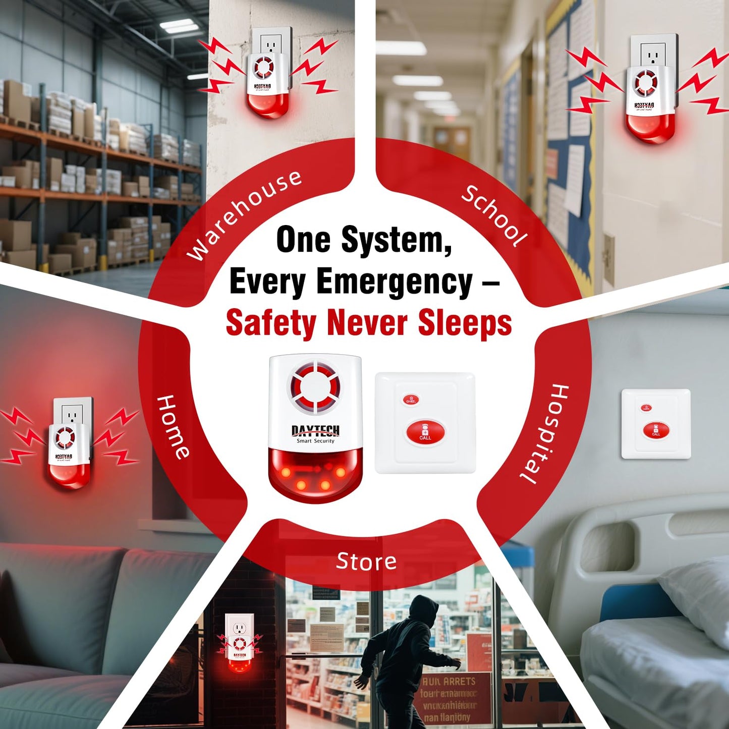 Daytech Strobe Siren Alarm Home Caring Loud Outdoor SOS Alert System 2 Red Flashing Siren 2 Remotes Panic Button 4 Emergency Button for Store Home Hotel Jewelry Shop Security Alarm