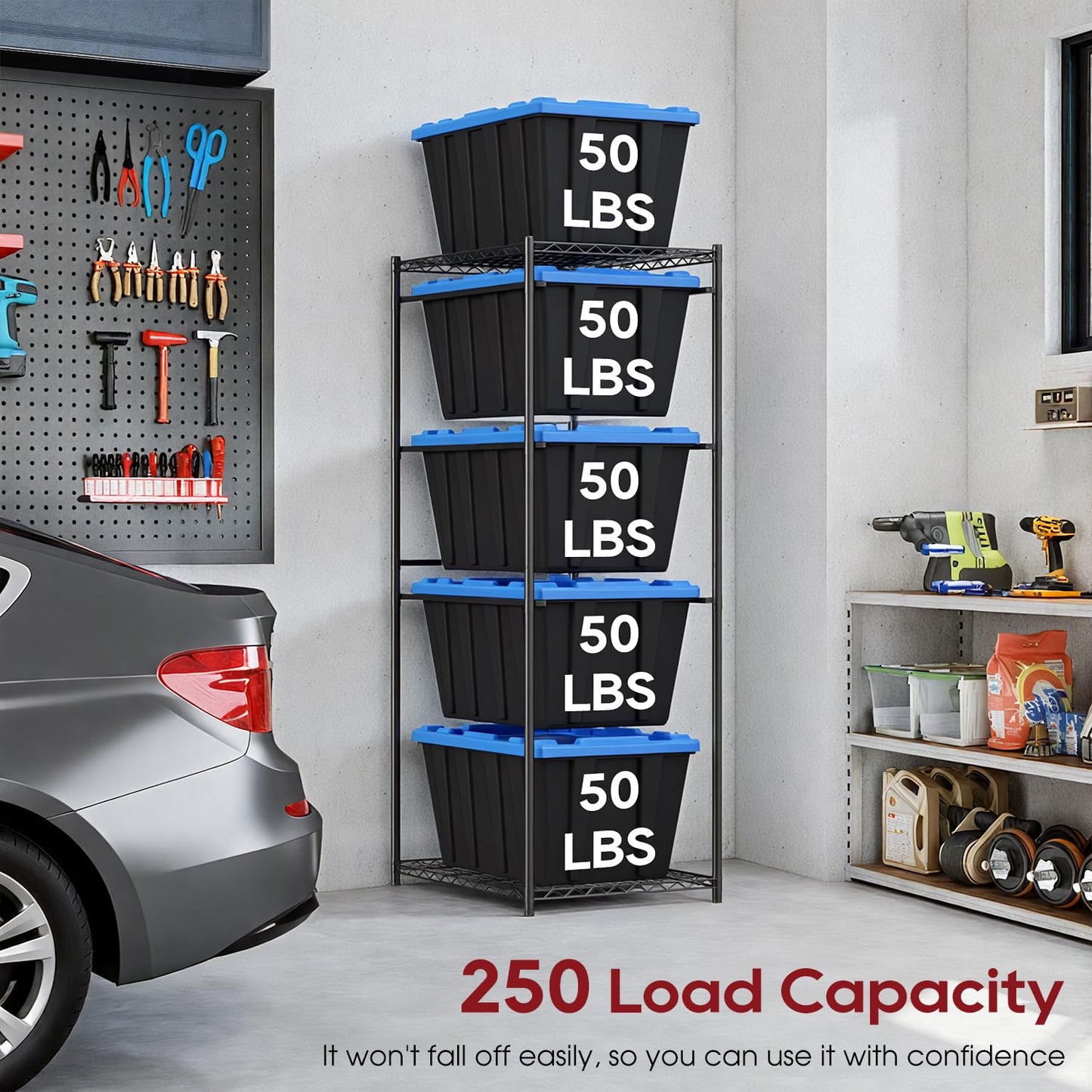 BestOffice 5-Tier Tote Storage Rack 27 Gallon Bins Wire Storage Shelving Unit 250 LBS Metal Rack Organizer for 18"-20.6" Width Bins for Garage Pantry Kitchen Basement, 30.9"x23"x67.3", Black, 2 Pack