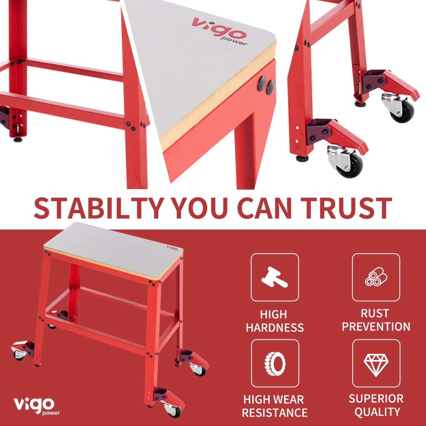 VIGO POWER Universal Tool Stand with Wheels, Drill Press, Miter Saw, Band Saw, Scroll Saw, Planer, Sander & Bench Grinder Stand, 700 lbs Heavy Duty Mobile Base, 26"x14" MDF Top, Rubber Casters