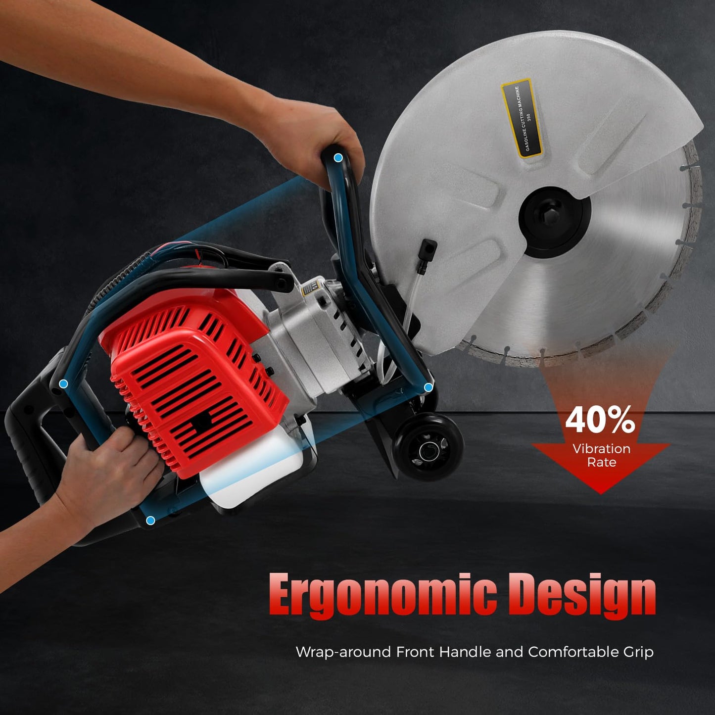 16In Gas Concrete Saw,1400w Concrete Gas Powered Cut-Off Saw with Blade and Directional Wheel, 2-Stroke 52cc Engine Cement Masonry Wet Dry Machine,4" Cut Depth,Motor Circular Cutter For Stone, Brick