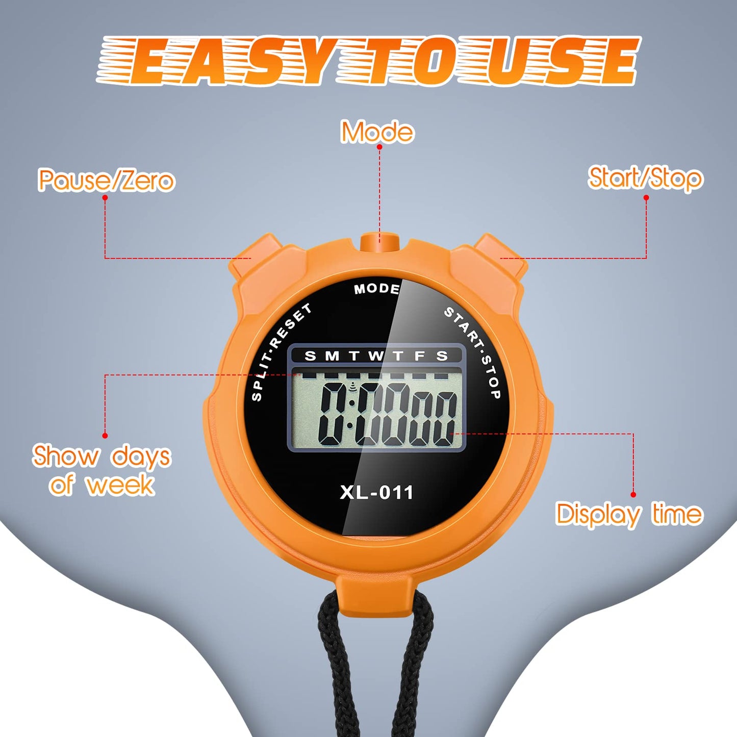 TOODOO 12 Pack Multi Function Digital Stopwatch Timer Bulk Sports Stopwatch with Lanyard Plastic Display Waterproof Date Time Alarm Timer for Coaches Fitness Referees(Black Blue Red Orange)
