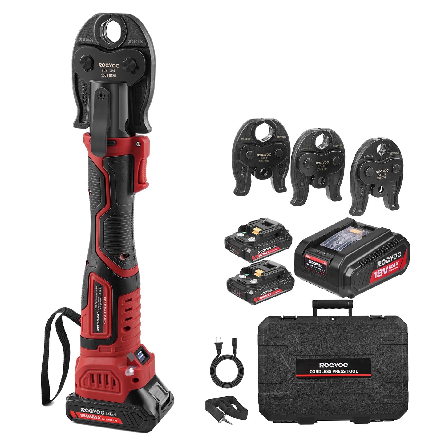 ROGVOC ProPress Tool for Copper Pipe, 18V Brushless Electric Crimping Tool Kit for 1/2, 3/4, 1 Inch Pro Press Fittings with 3 Press Jaws, 2-Pack 2Ah Batteries, Fast Charger, Carrying Case