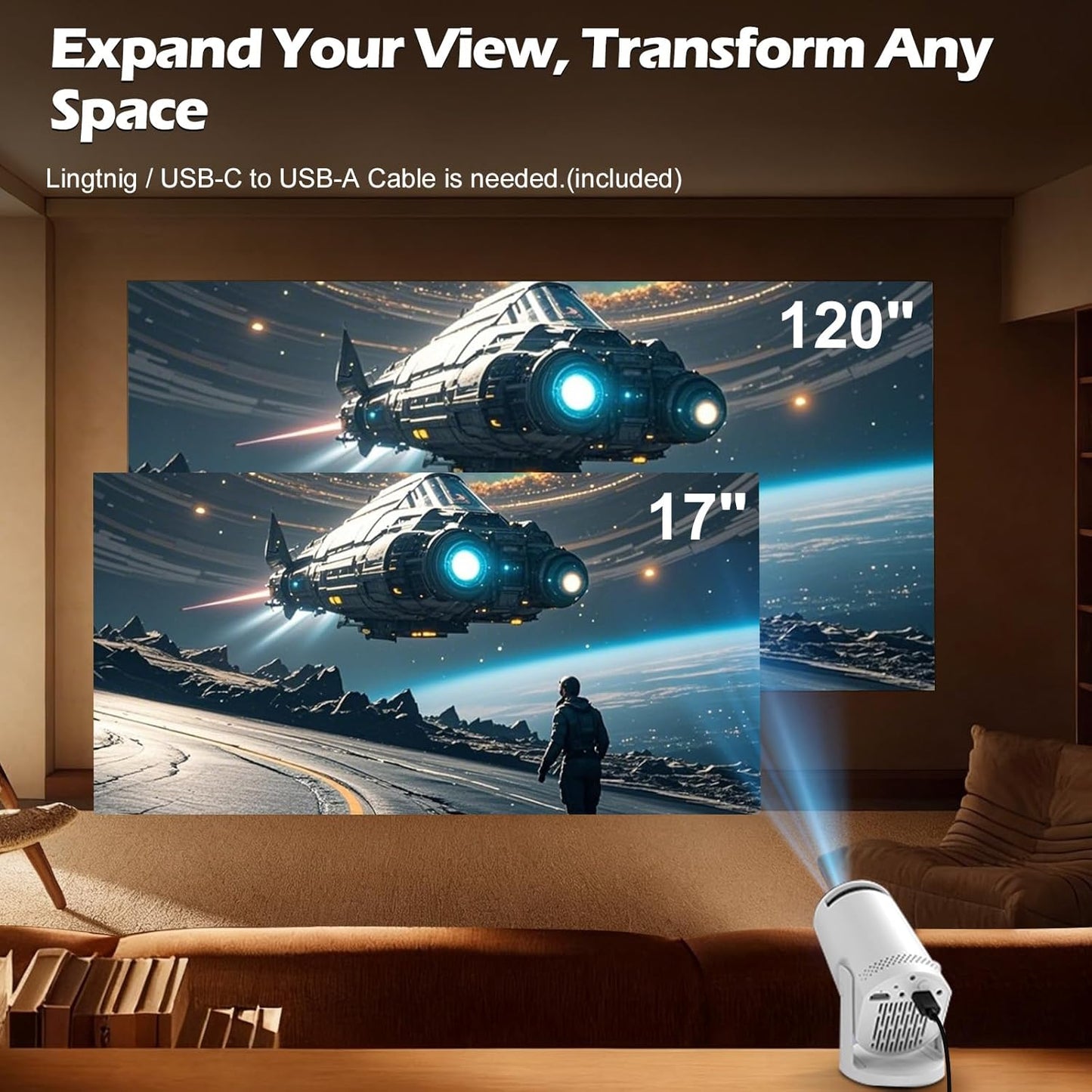 BESUS 4K 1080P 180 17-130" Mini projector, with wired screen sync portable projector rotation. screen video projector.