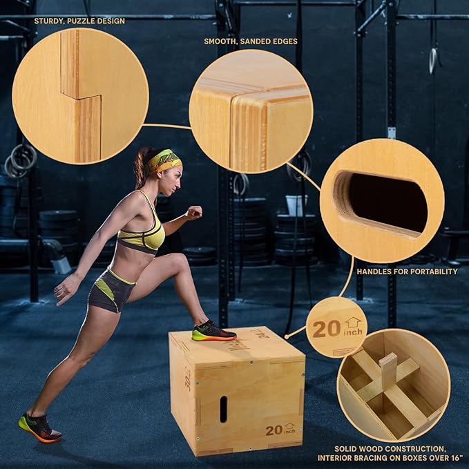 Yes4All Plyo Box, 3-in-1 Wooden Box Jumps for Home Gym (12/14/16?¯in), 450 lbs Boxes Step Up with Smooth Edges & Wide Built-in Handles for Jumping, Strength Training, Lunges, Squats, Dips