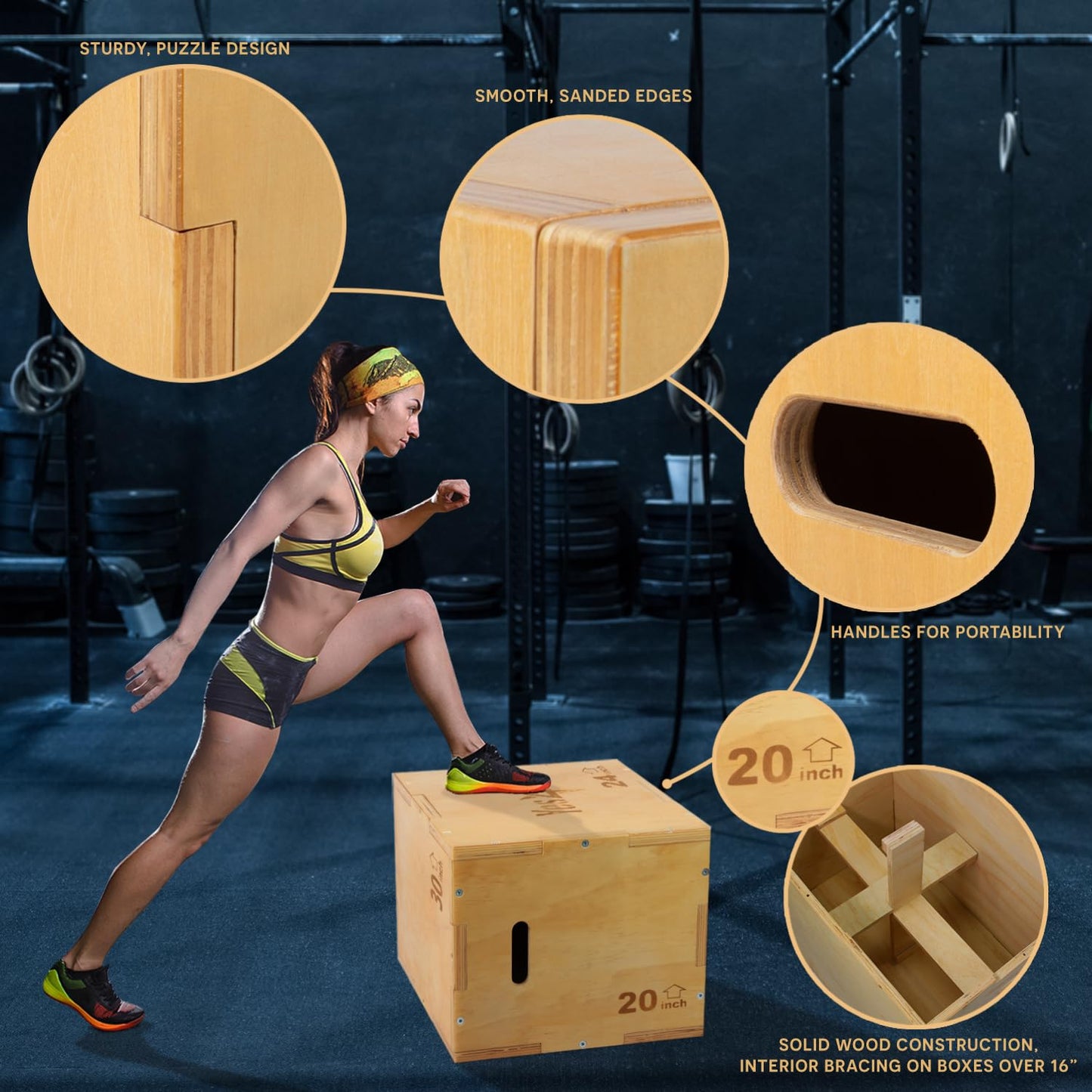 Yes4All Plyo Box, 3-in-1 Wooden Box Jumps for Home Gym, 450 lbs, Step Up with Smooth Edges & Wide Built-in Handles for Jumping, Strength Training, Lunges, Squats, Dips, Natural Wood