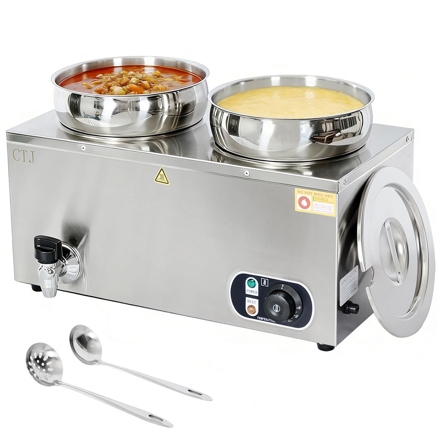 CTJ Electric Soup Warmer Two 7.4QT Nacho Cheese Warmer 304 Stainless Steel Commercial Food Warmer 86°F~185°F Adjustable, with Drain Faucet, Steam Table for Catering Restaurant Buffet