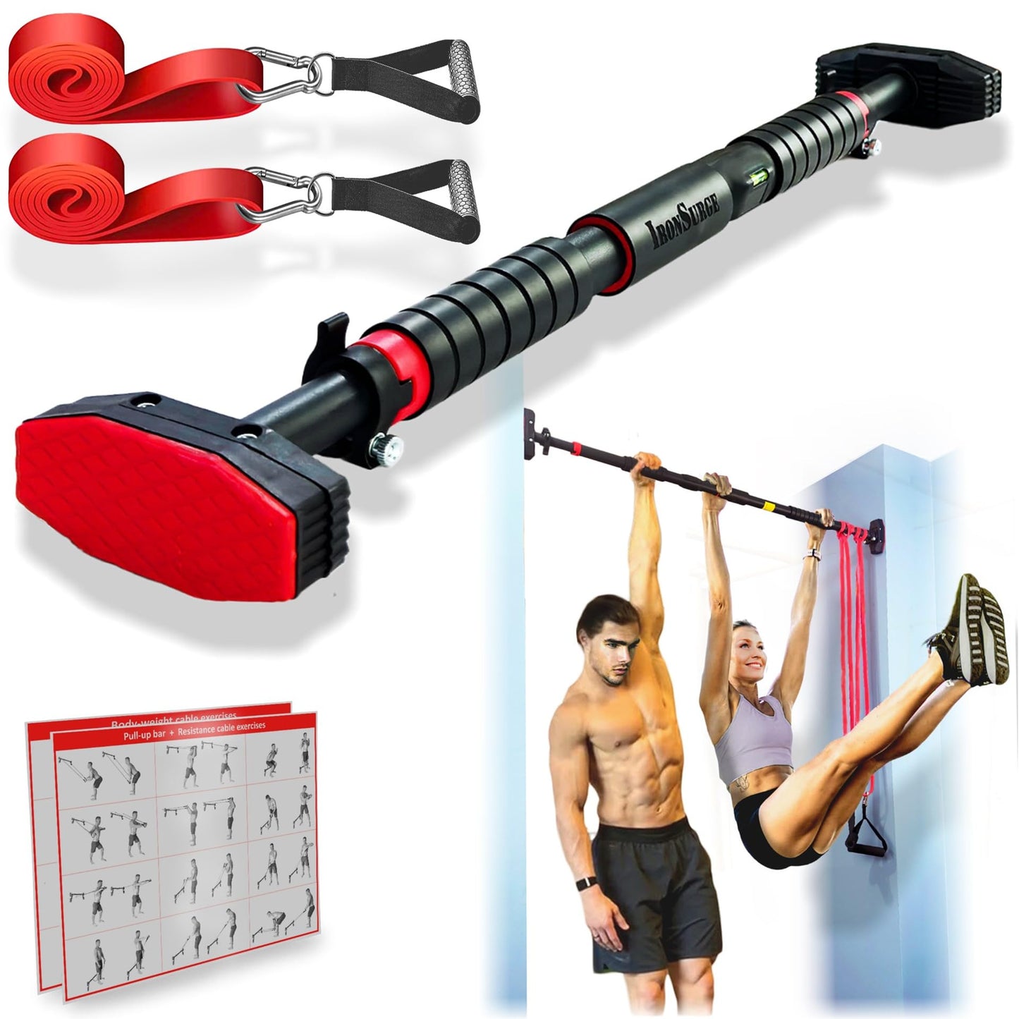 IRONSURGE Pull Up Bar for Hallway or Doorway 6-piece Set with Two Attachable Resistance Bands/Handles, Training Manuals, No Screws Chin Up Bar, Max 680lbs, Width options: 27-37", 37-47"; 46-53"