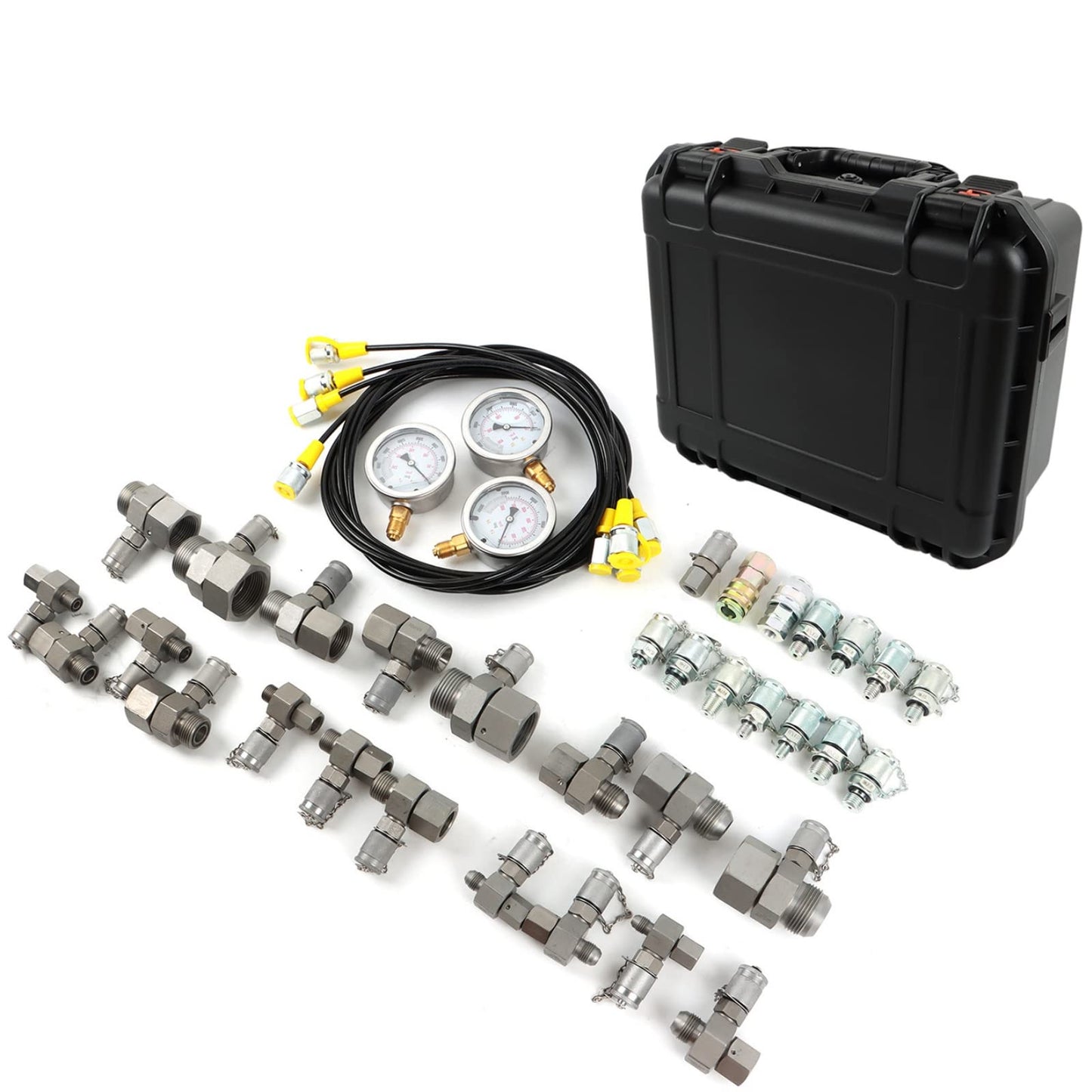 IMELBUFF Hydraulic Pressure Test Coupling Kit, JIC BSPP ORFS Hydraulic Swivel Run Tees Set Repair Tools for Most Excavator Construction Machinery 3 Gauges 4 Test Hoses 14 Couplings 19 Tee Connectors