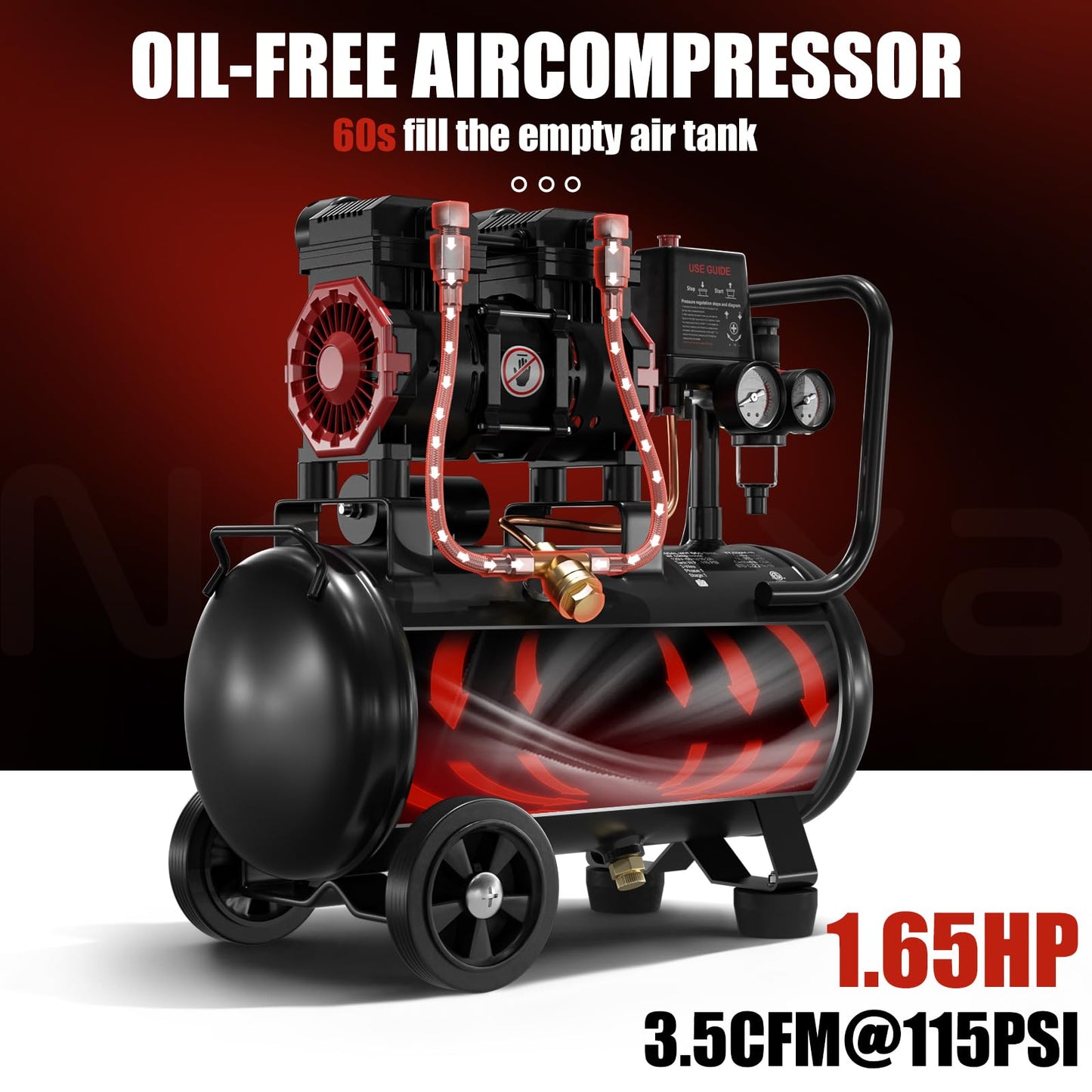 10 Gallon Ultra Quiet Air Compressor, Oil-Free Air Compressor Tank with Two Quick Couplers, 2HP 8.76 CFM@115PSI Pressure 70dB Electric Air Compressor for Woodwork Nailing, Garage, Auto Repair