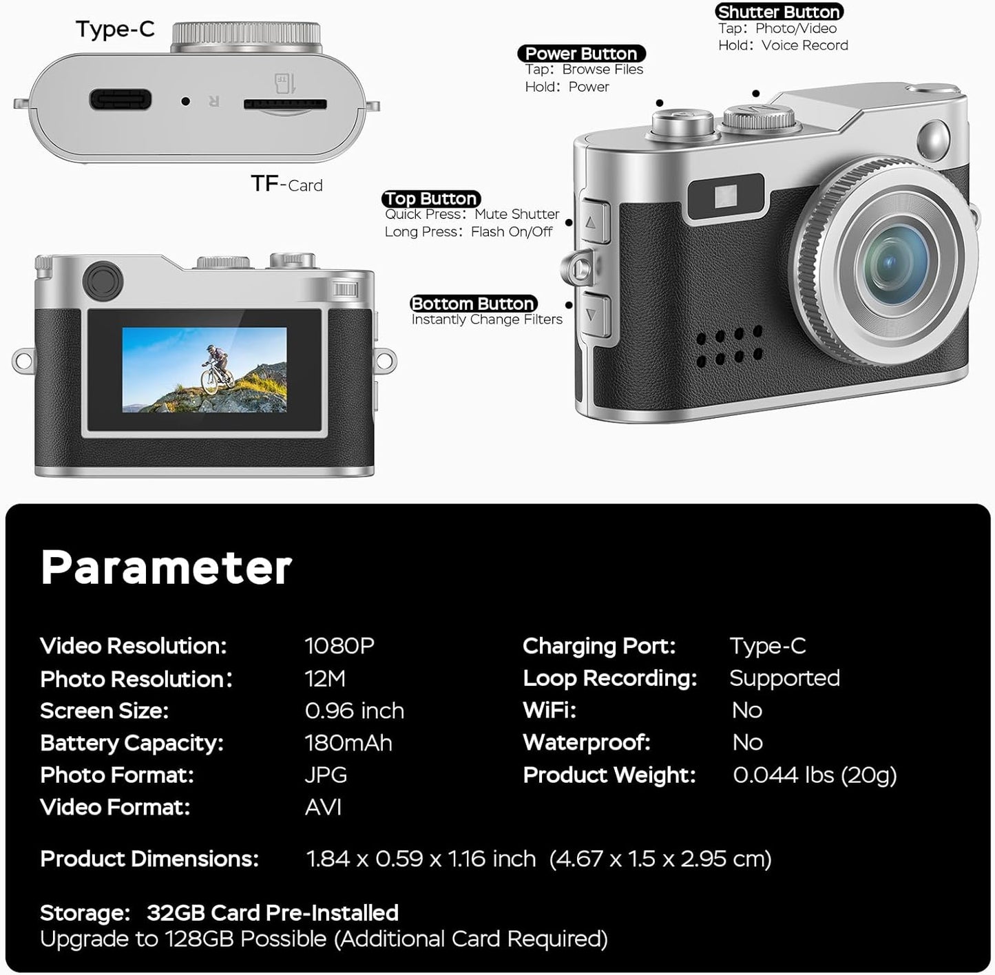 Dienspeak 1080P 32GB 0.96" Mini Digital Camera, HD Tiny Retro Keychain Camera with Card, Screen & OTG Adapter, Vintage