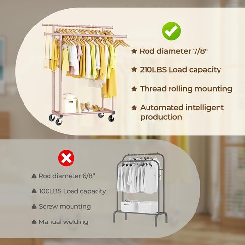 HYSEYY Double Rod Clothing Rack - Sturdy Portable Garment Rack for Bedroom & Laundry | Pink