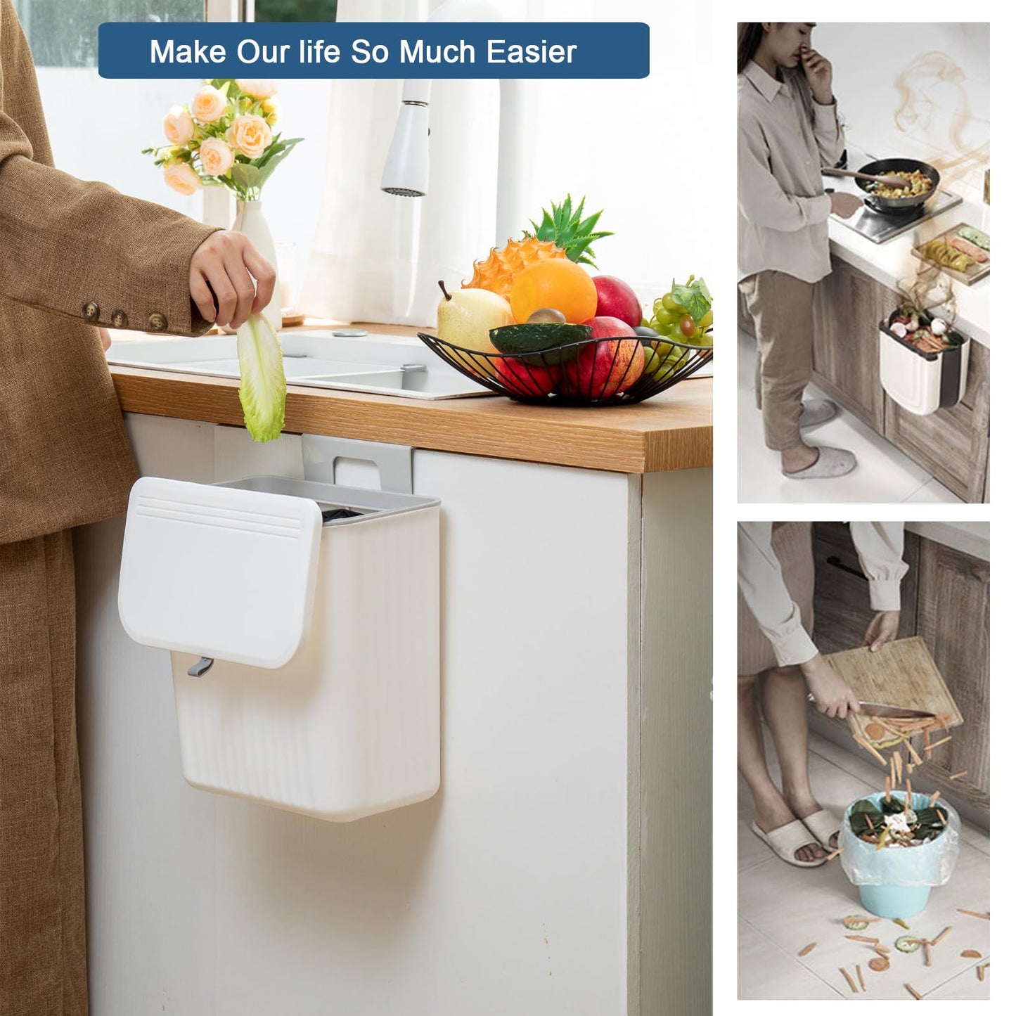 Ryhiac 2.4 Gallon Kitchen Compost Bin for Counter Top or Under Sink, Hanging Small Kitchen Trash Can with Lid, Wall Mounted Waste Basket Bin Garbage Can for Bathroom (White)