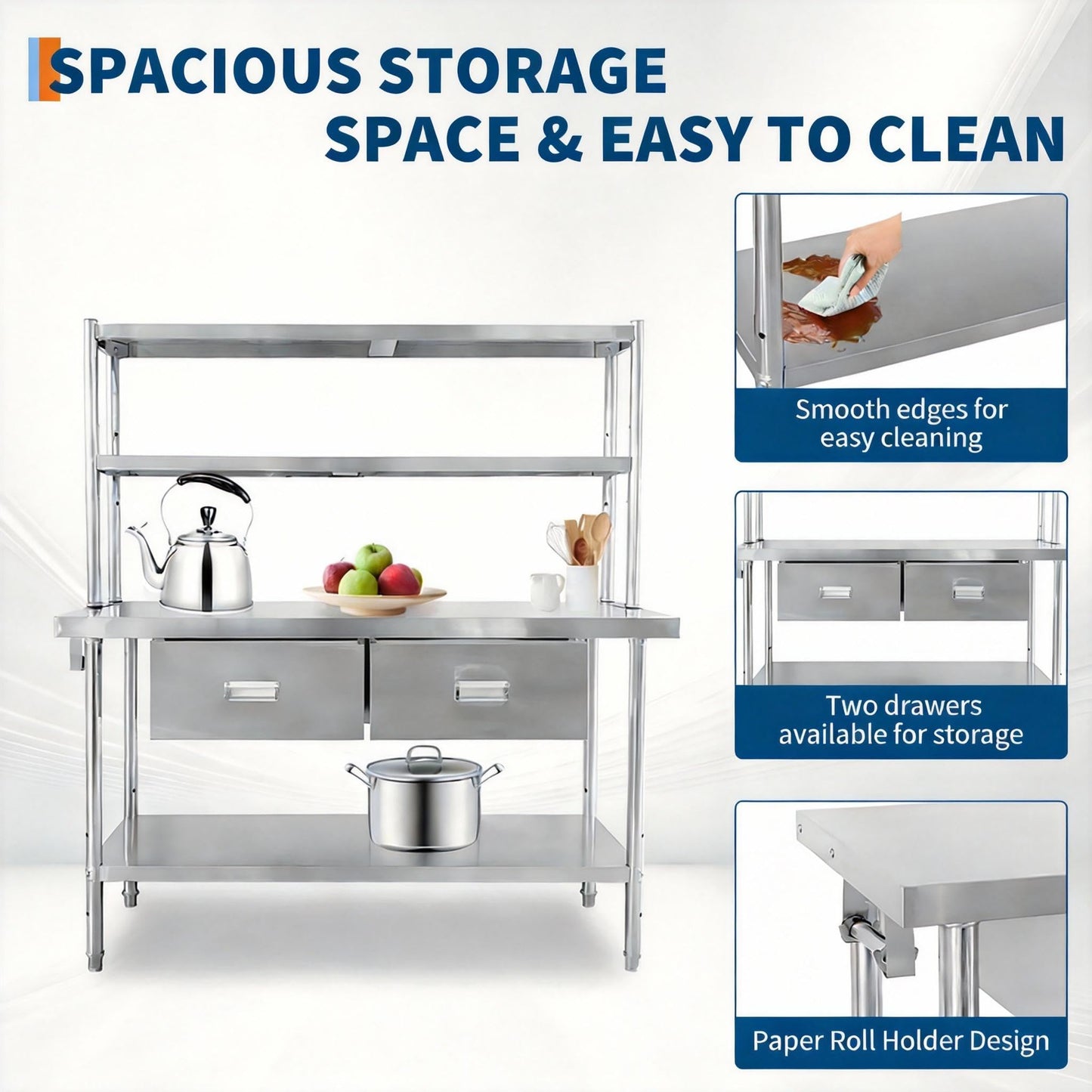 Stainless Steel Table with Overshelves and Drawers, 48" X 24" Heavy Duty Commercial Work & Prep Table with Adjustable Undershelf, Work Tables Workbench for Home Restaurant Kitchen Garage
