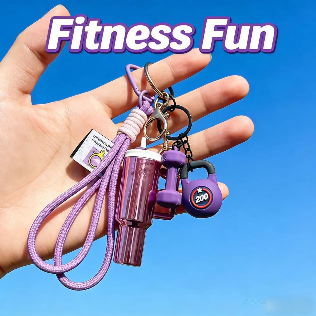 Pomelo Life Purple Fitness Wristlet Keychain - Dumbbell, Kettlebell and Tumbler Cup Charm, Sporty Bag Gift for Gym Lovers Women