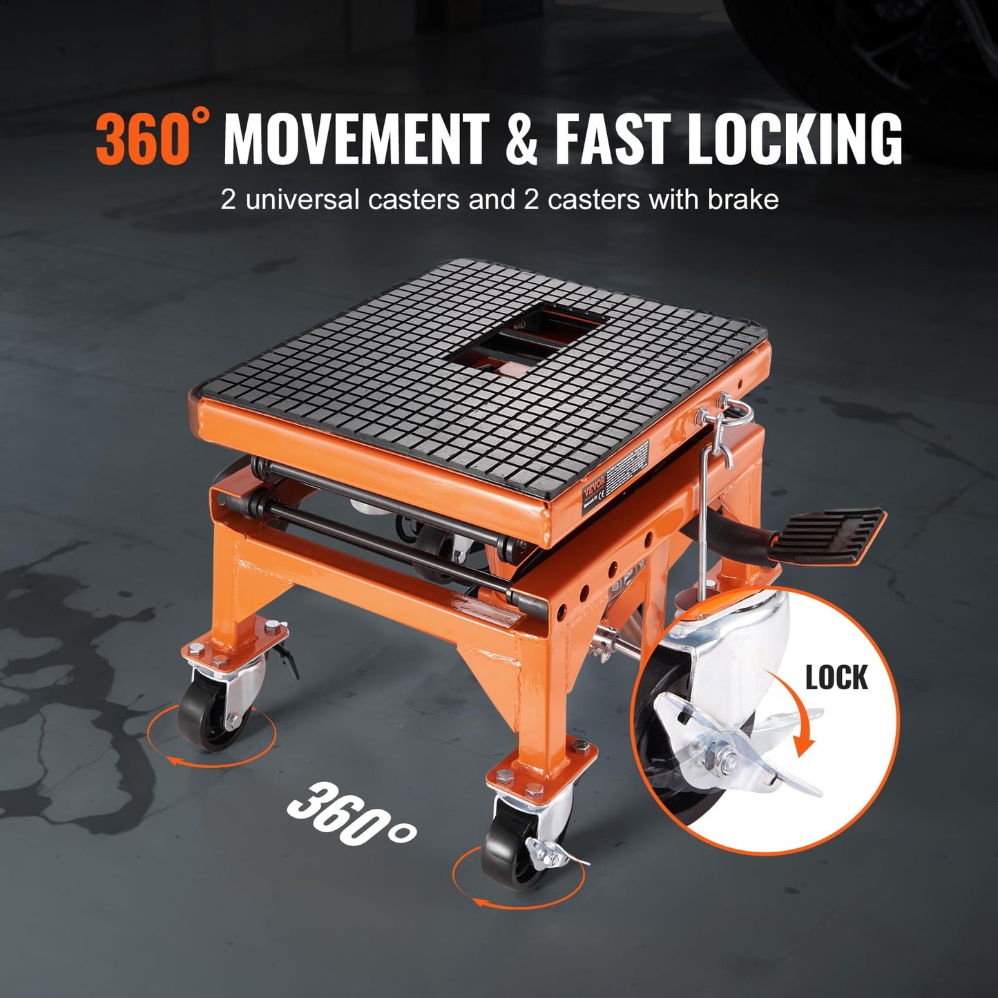 VEVOR Hydraulic Motorcycle Lift Table, 350 lbs Capacity Motorcycle Scissor Jack Lift with Wide Deck, J-Hooks, 4 Wheels, Hydraulic Foot-Operated Jack Stand for ATV Dirt Bikes