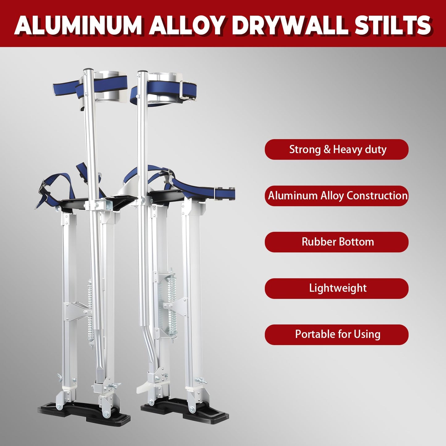 Nakkaa 48-64 Inch Adjustable Aluminum Drywall Stilts for Heavy-Duty Work Stilts for Sheetrock Exterior Wall Painting Construction (Silver,48"-64" Inch)