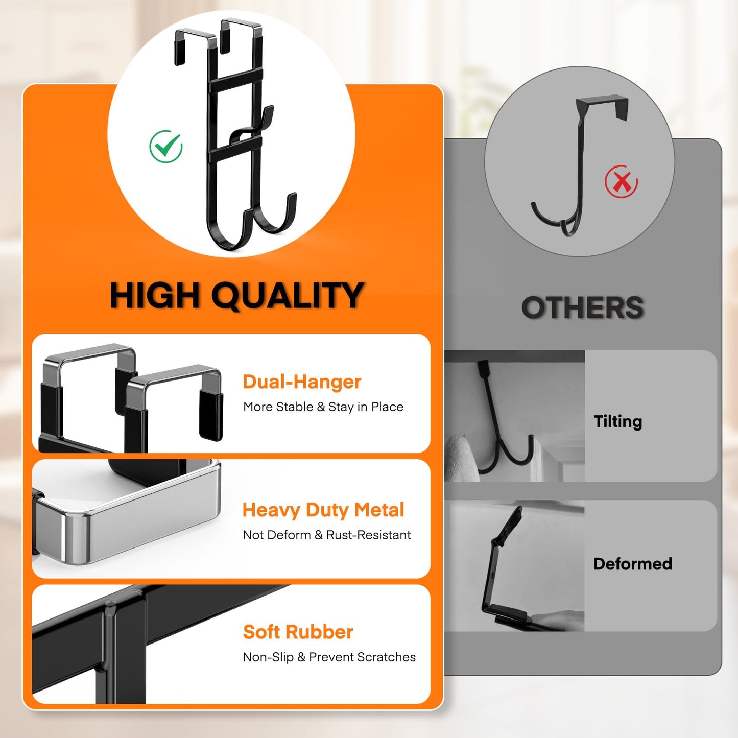 FYY Over The Door Hooks - 2 Pack Heavy Duty Triple-Hook Hanger, Rubber Coating Organizer for Bathroom Bedroom Kitchen Dorm, Hanging Towels Clothes Hats Bags Ironing Board, Fits Doors Up to 1.6" Black