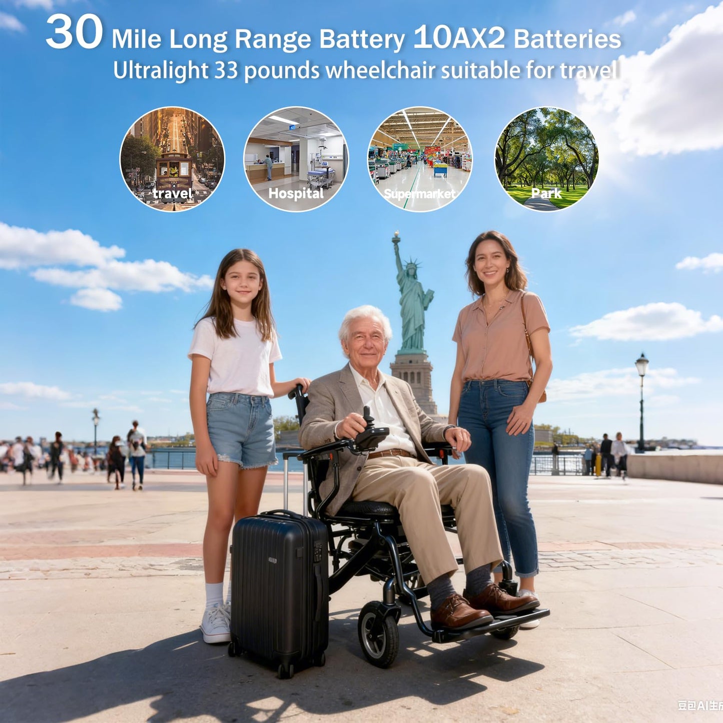 John Dawson Electric Wheelchairs for Adults 33LBS 100% Carbon Fiber, 30 Miles Long Range Lightweight Foldable Motorized Wheelchair with Dual 10Ah Batteries & Dual Motors