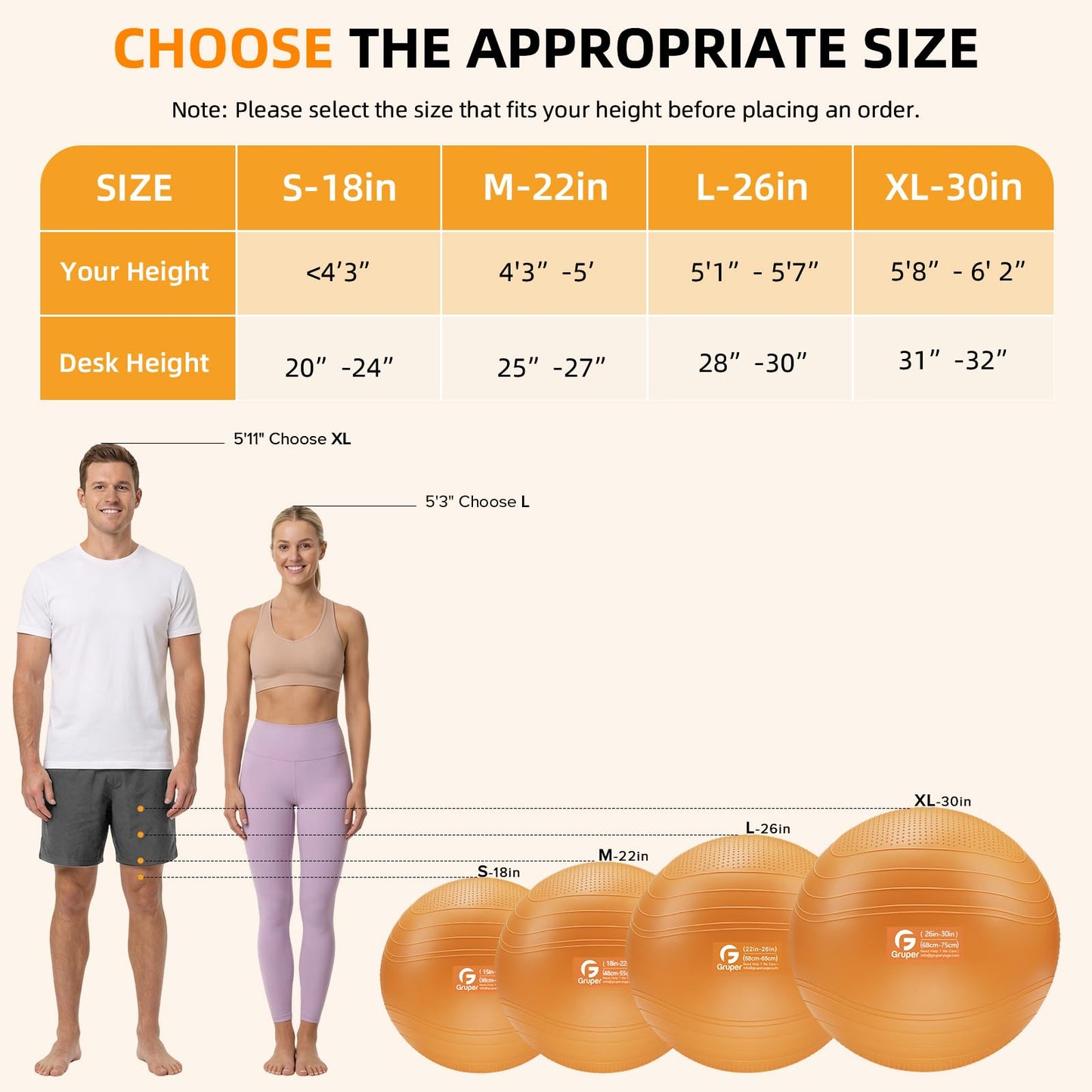 Gruper Yoga Ball, Extra Thick Non Slip Exercise Ball for Workout, Birthing, Balance, Stability, Pregnancy, 4 Sizes Anti Burst Chair for Home and Office, Includes Quick Pump & Fitness Guide
