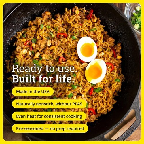 Lodge 14 Inch Cast Iron Wok - PFAS-Free Pre-Seasoned Stir Fry Pan with Dual Loop Handles | Oven & Stovetop Safe