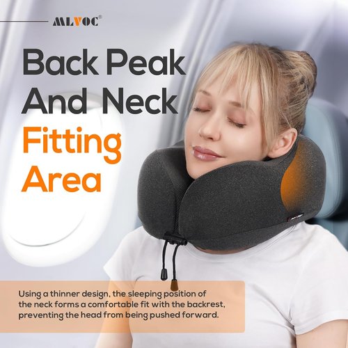 MLVOC Travel Neck Pillow - Upgraded 100% Pure Memory Foam for Airplane Comfort | Includes 3D Eye Mask, Earplugs & Bag - Black