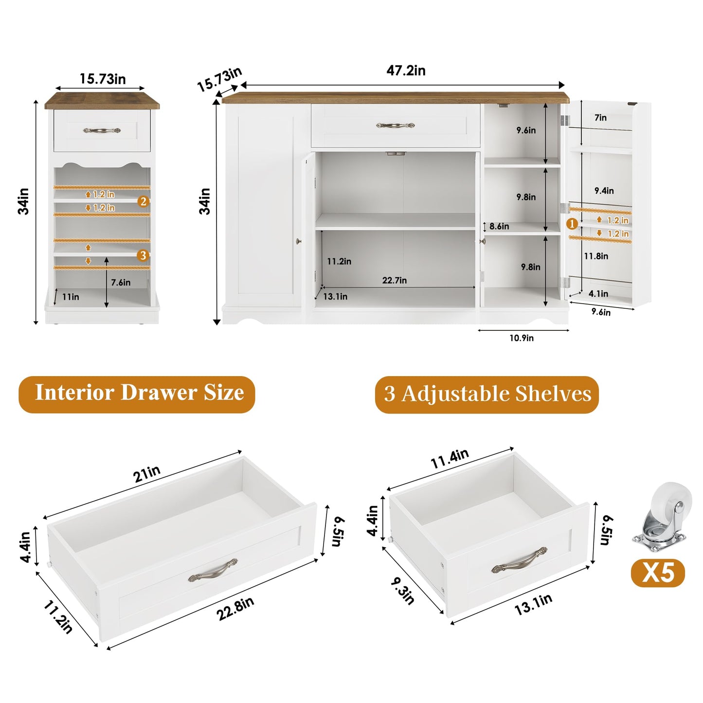 HOSTACK Kitchen Island Cart with Storage, 47'' Kitchen Storage Island on Wheels with 2 Drawers, Rolling Island Table with Adjustable Shelves, Mobile Buffet Sideboard Cabinet for Dining Room, White