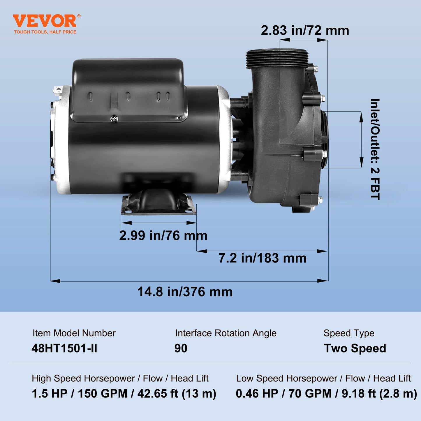 VEVOR 2 Speed SPA Pump, 48-Frame, AC 110-120V Hot Tub SPA Pump, 1.5 HP / 150 GPM / 42.65 ft High Speed or 0.46 HP / 70 GPM / 9.18 ft Low Speed, 2'' Port 90° Rotational Interface for Hot Tub