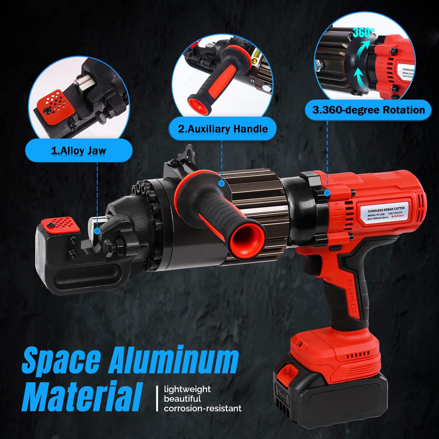 LOSCHEN 360-degree Rotation Cordless Rebar Cutter,Portable Handheld Rebar Cutting Saw,Electric Hydraulic Rebar Cutter,Cutting up from 3/20"(4mm) to 3/4 Inch #6 (20mm) Rebar (Li-ion Battery Version)